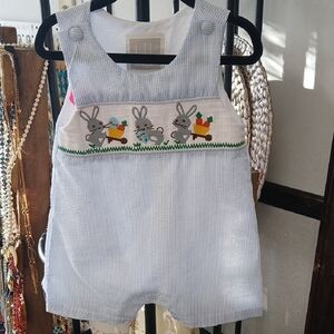 Blue Seersucker Baby One-Piece with Bunny Smocking